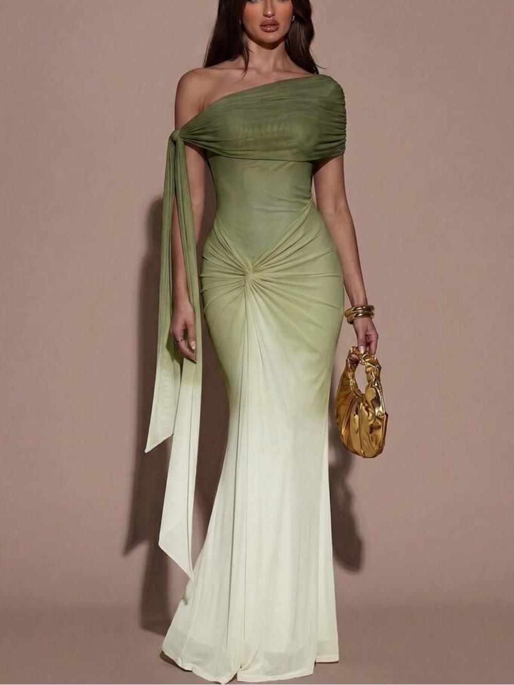 Ruched  one shoulder mesh maxi dress in green Ombre